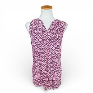Womens Sandra Diamond Allover Print Split Neck Sleeveless Top - Sz XL